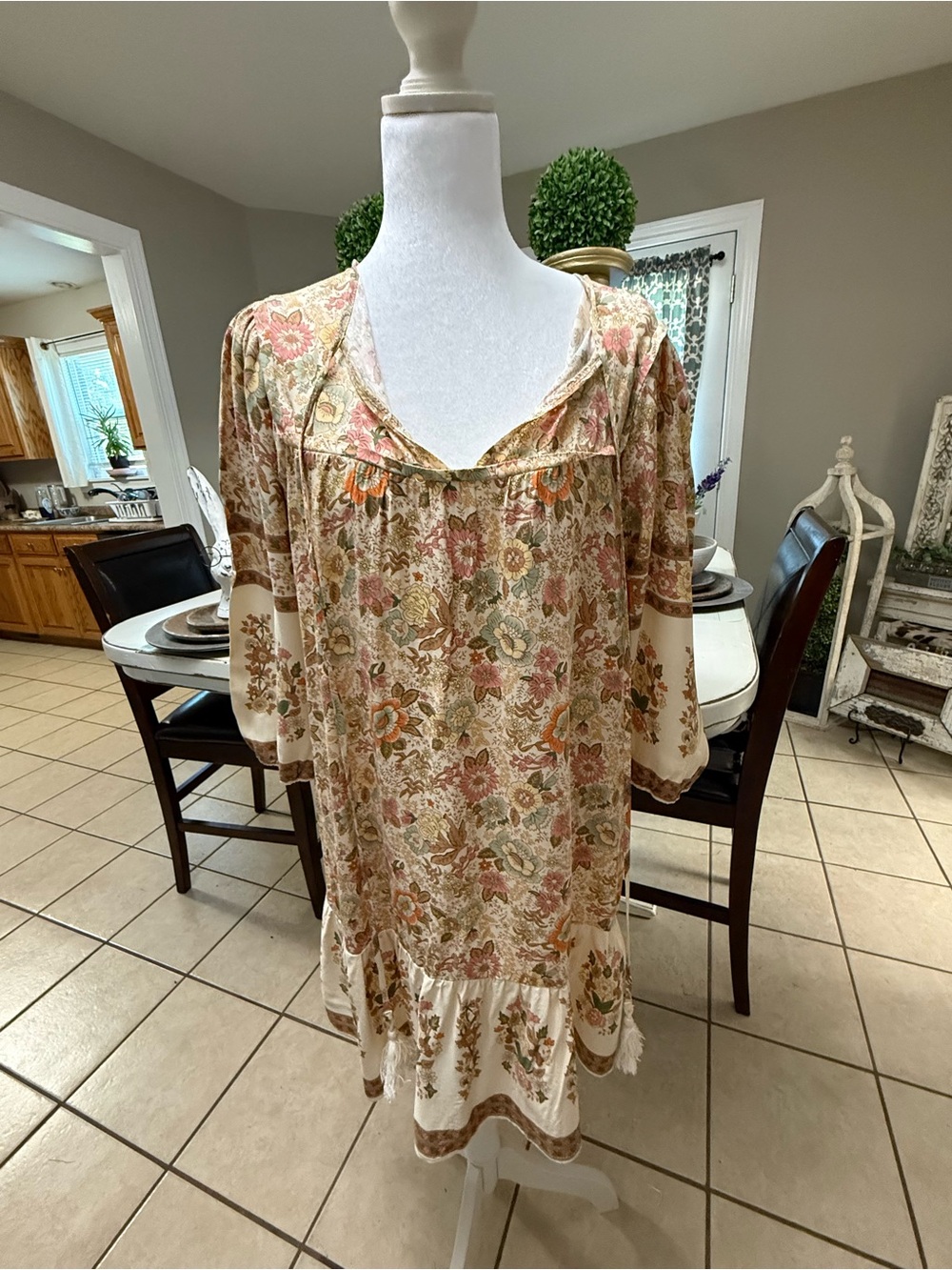 Women's Floral Boho Sleep Tunic - Cream with Pink & Green Floral - Picture 2 of 10